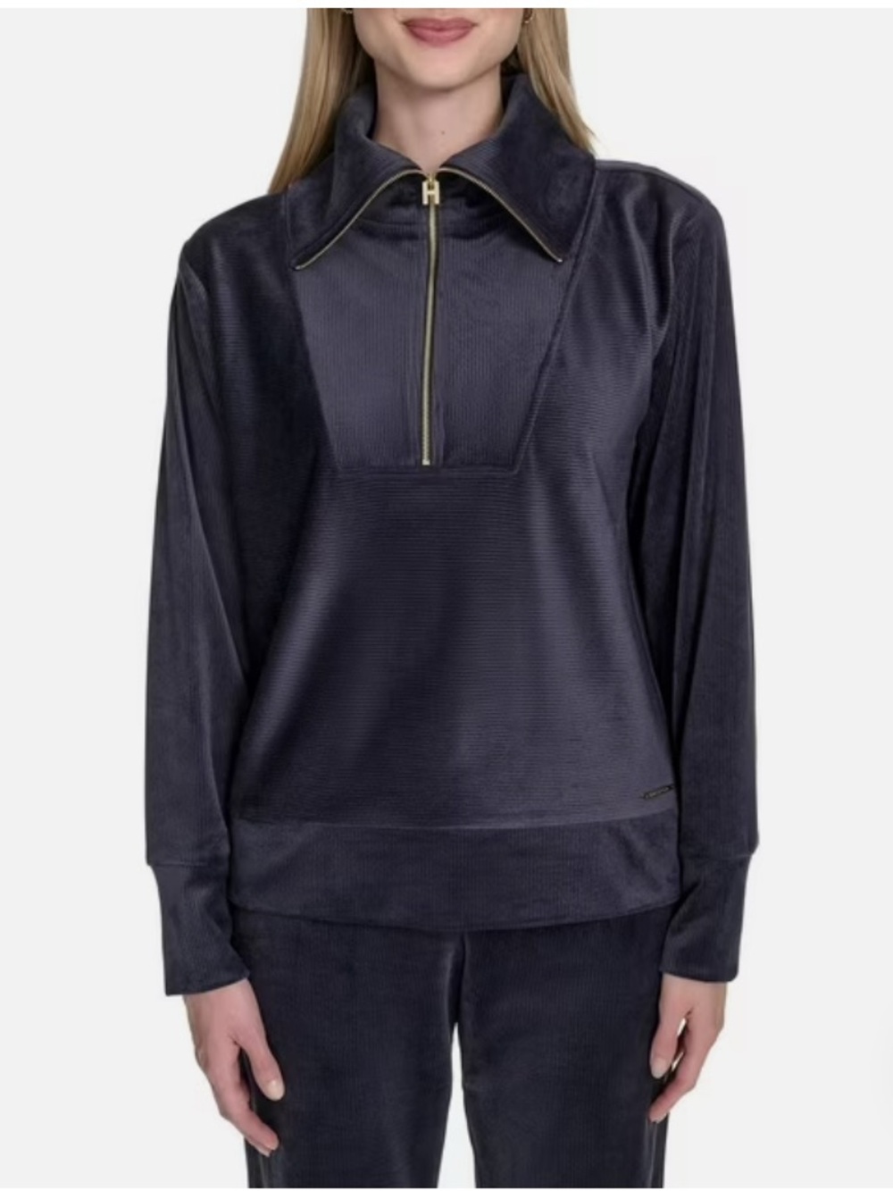 NWOT HALSTON VELOUR QUARTER-ZIP PULLOVER NAVY